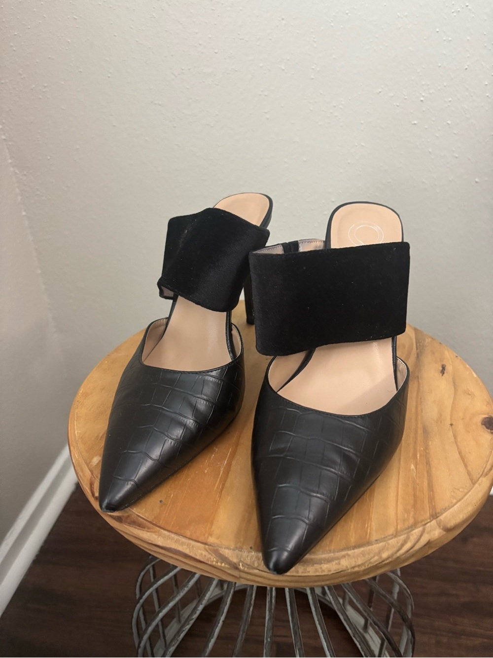 Journee Collection Black Croc-Embossed Pointed Mule Heels with Wide Strap